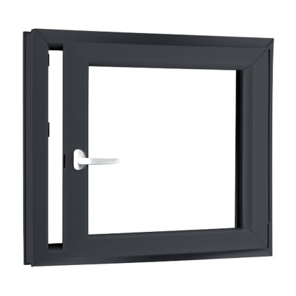 Egyszárnyú műanyag pinceablak 900x900 mm, Belül fehér / kívül antracitszürke (fa textúrával), kétrétegű hőszigetelő üveg, Bukó-nyíló, jobbos, Wintech W632 AD